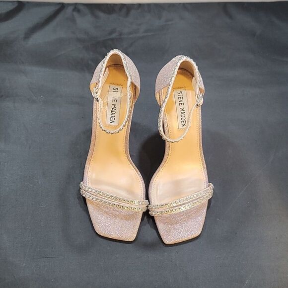 STEVE MADDEN WOMEN'S PINK GLITTER ANKLE STRAP RHINESTONE SQUARE TOE SANDAL - Picture 2 of 16